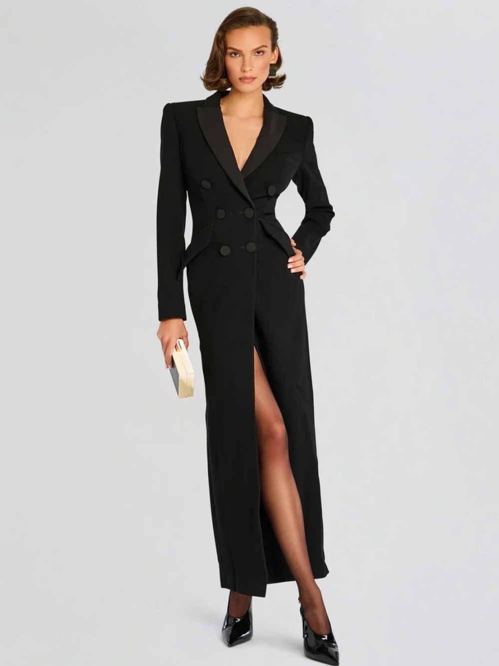 Black Double-Breasted Long Blazer Dress